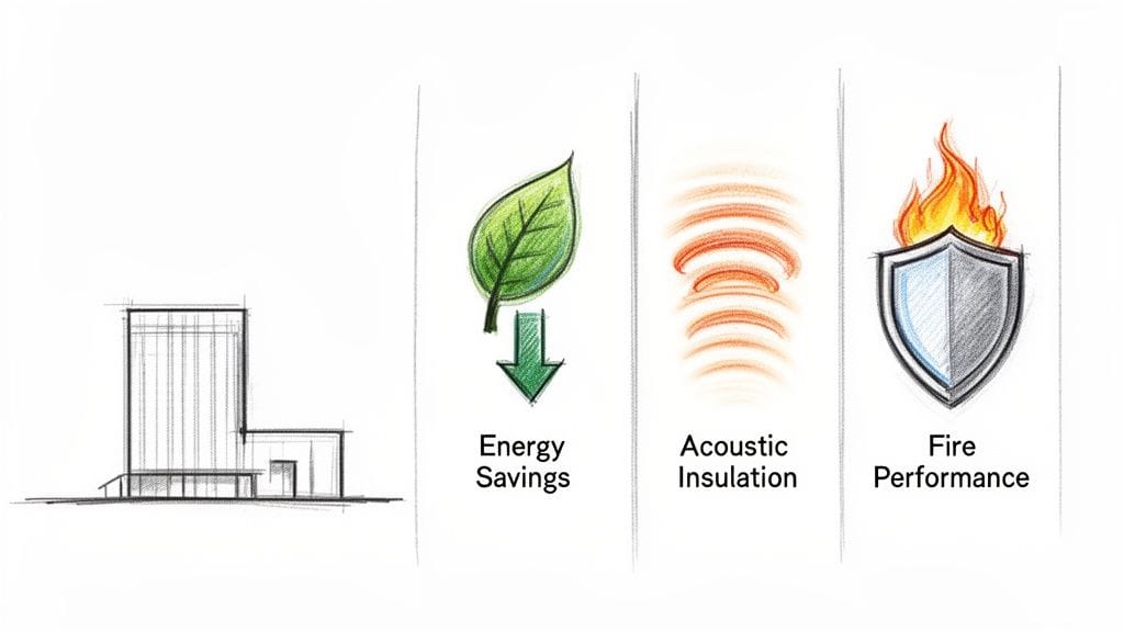 Esquema de edificio con íconos que representan ahorro energético, aislamiento acústico y seguridad contra incendios.