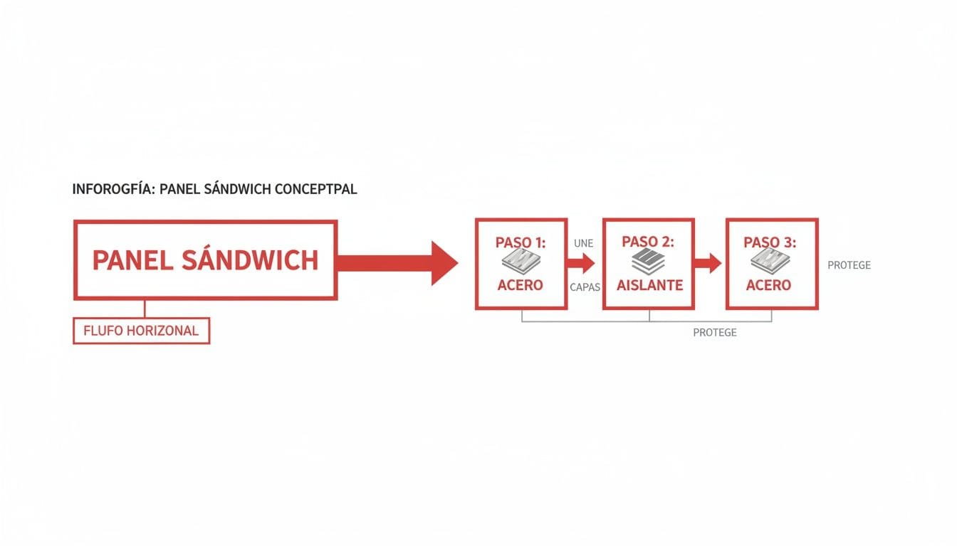 Infografía que muestra la composición de un panel sándwich: capas de acero, aislante y acero, con flujo horizontal.