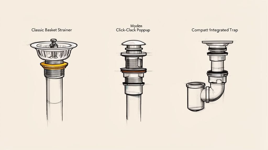 Ilustración de tres tipos de desagües de fregadero: colador clásico, pop-up moderno y sifón integrado compacto.