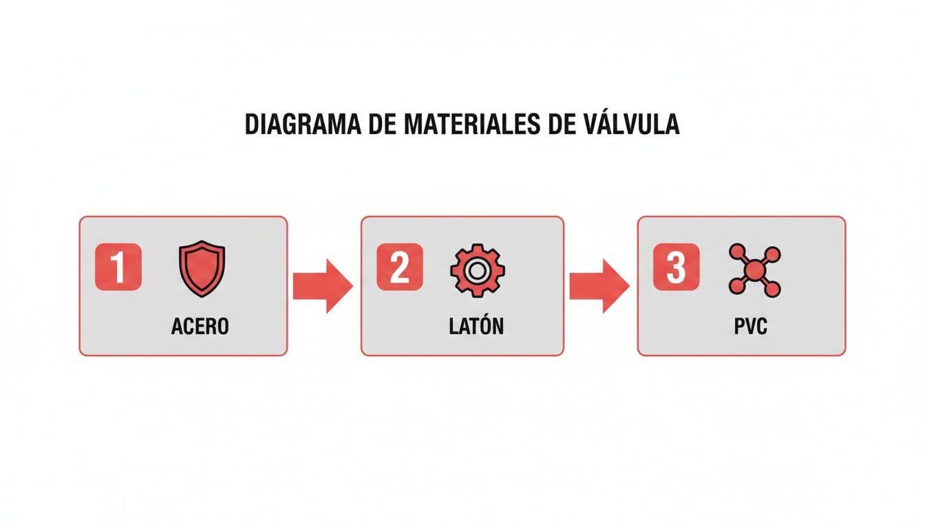 Diagrama que ilustra los materiales de una válvula: acero con escudo, latón con engranaje y PVC con molécula.