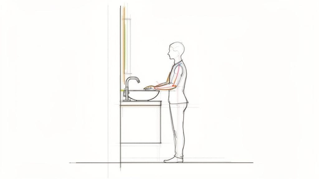 Dibujo de una persona lavándose las manos en un lavabo, mostrando la altura ergonómica ideal.