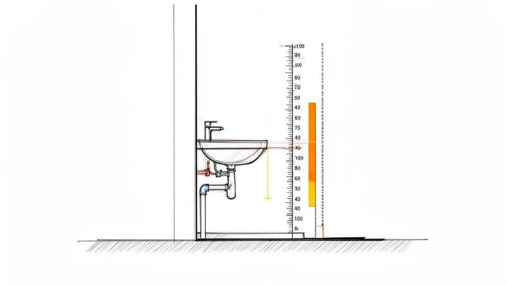 Diagrama técnico de un lavabo con su grifo y tuberías. Incluye una escala de medidas verticales para indicar la altura de instalación.