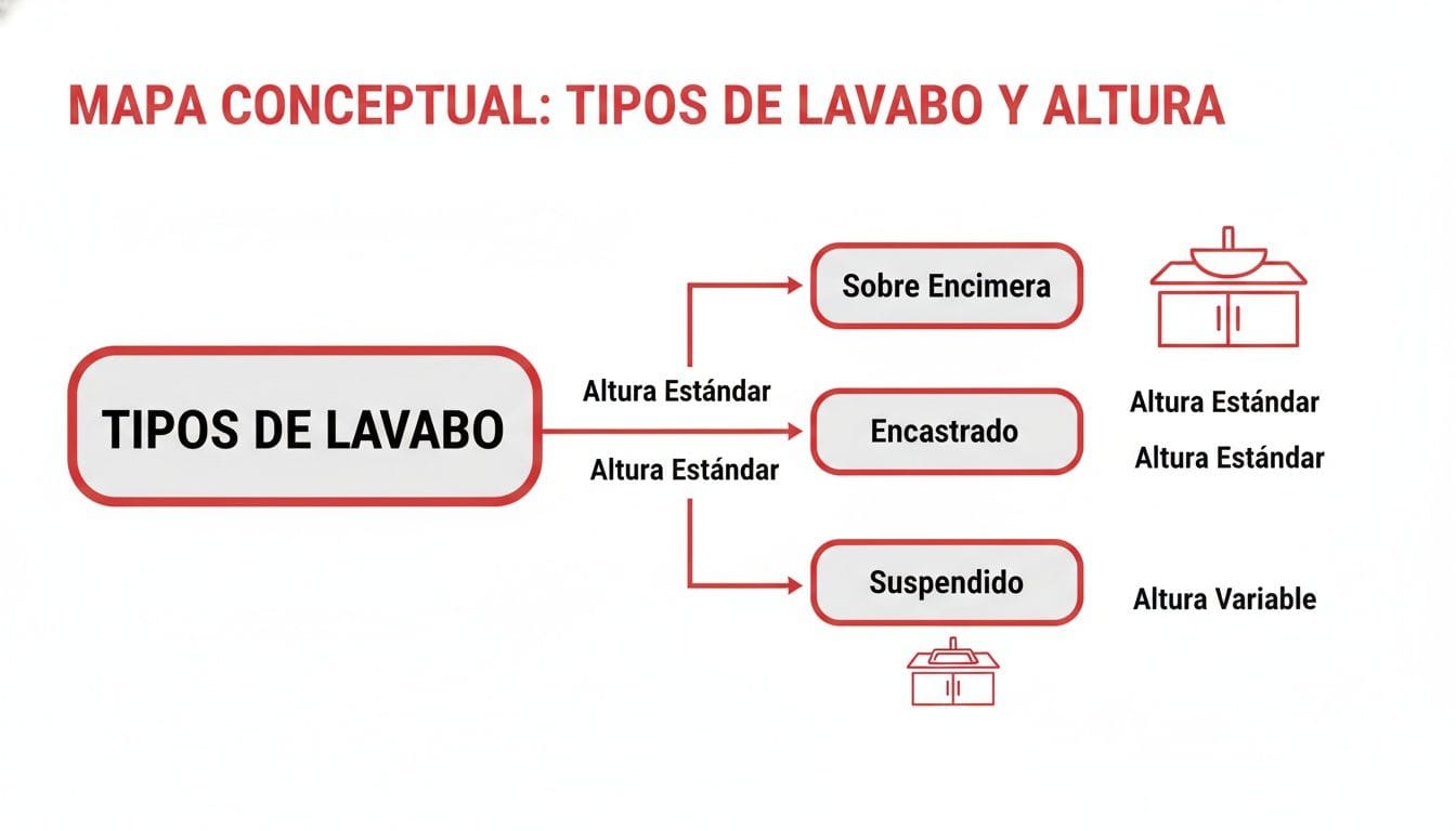 Diagrama conceptual que detalla los tipos de lavabo (sobre encimera, encastrado, suspendido) y sus alturas.