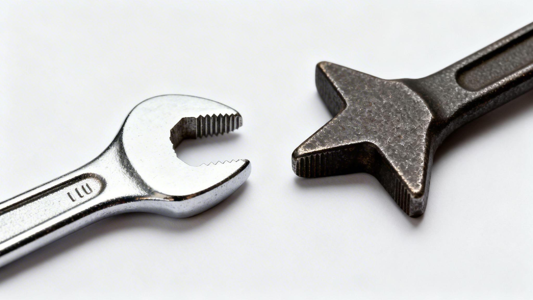 Llave ajustable cromada y llave de estrella de metal oscuro sobre un fondo blanco y brillante.