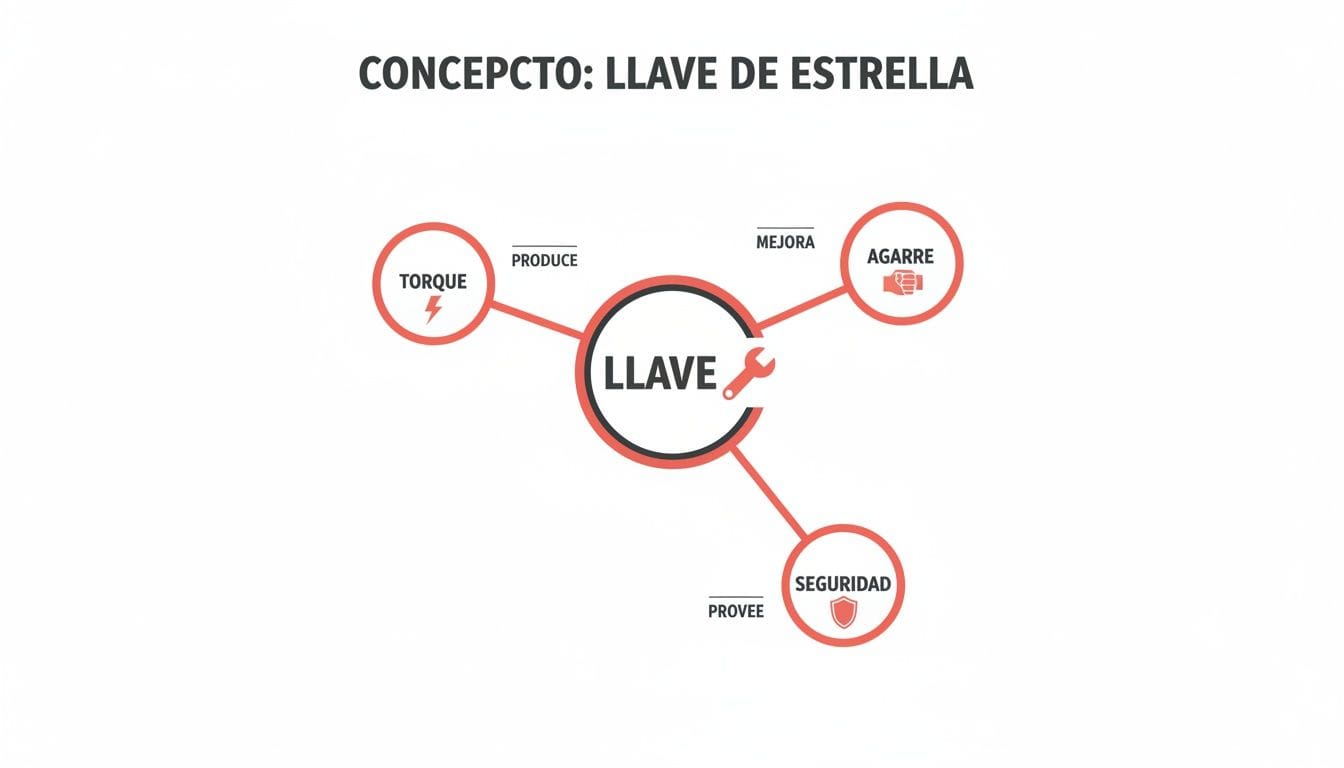 Mapa conceptual que describe la llave de estrella, sus beneficios como torque, agarre y seguridad.