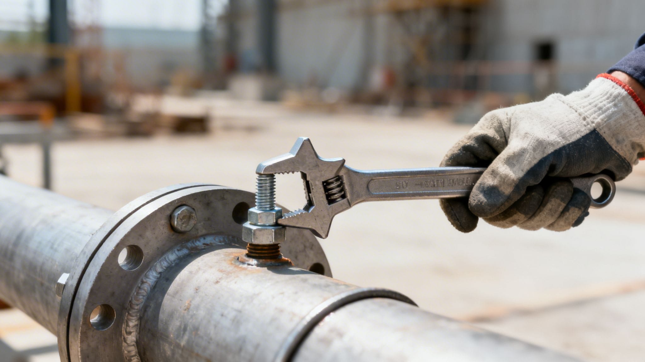 Mano enguantada apretando una tuerca en una tubería industrial con una llave ajustable.