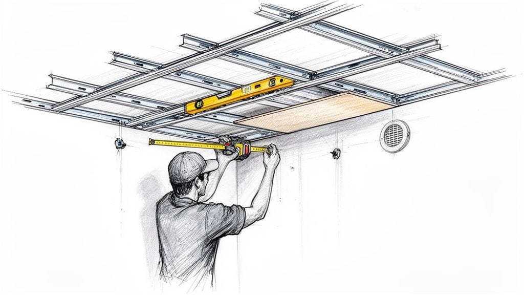 Un trabajador instala un techo desmontable, usando una cinta métrica y un nivel para precisión.