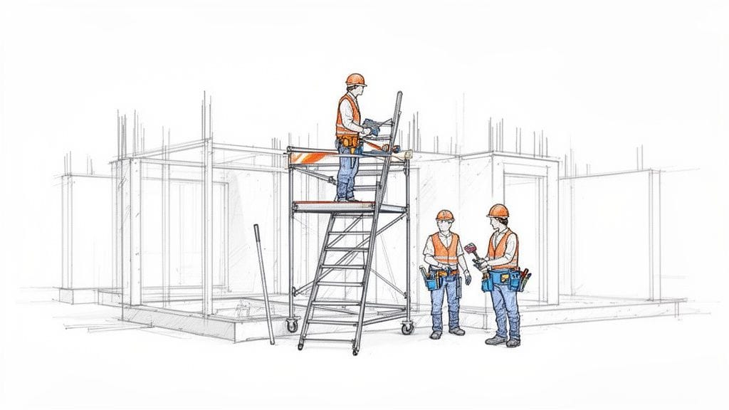 Ilustración de tres trabajadores de la construcción con casco y chaleco, uno en un andamio.