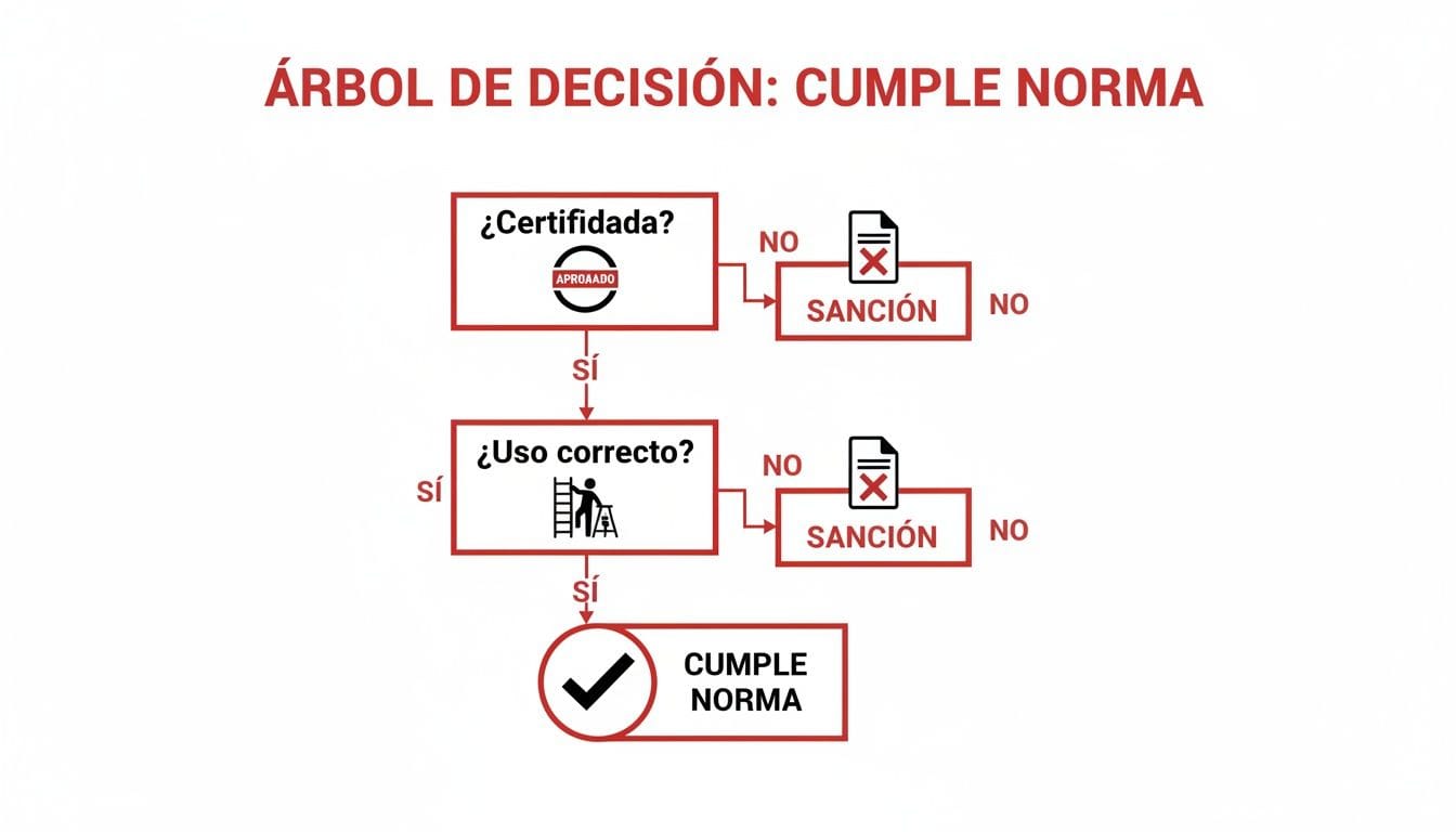 Árbol de decisión que ilustra el cumplimiento de una norma mediante certificación y uso correcto, evitando sanciones.