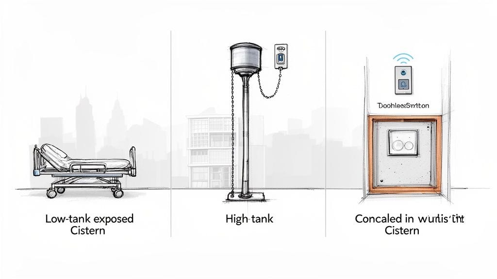 Tres diseños de cisternas de inodoro: una de tanque bajo, una de tanque alto y una oculta en la pared.