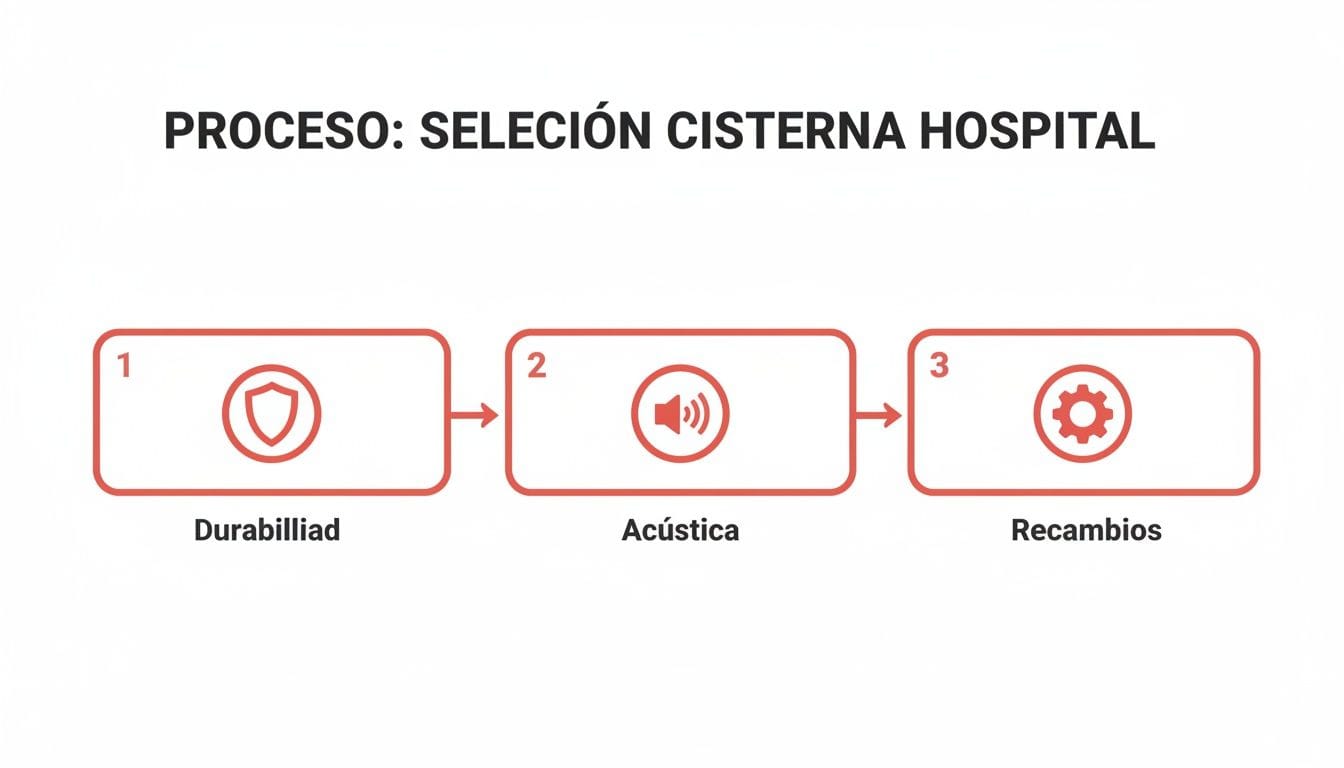Diagrama de flujo: proceso de selección de cisterna hospitalaria, considerando durabilidad, acústica y recambios.