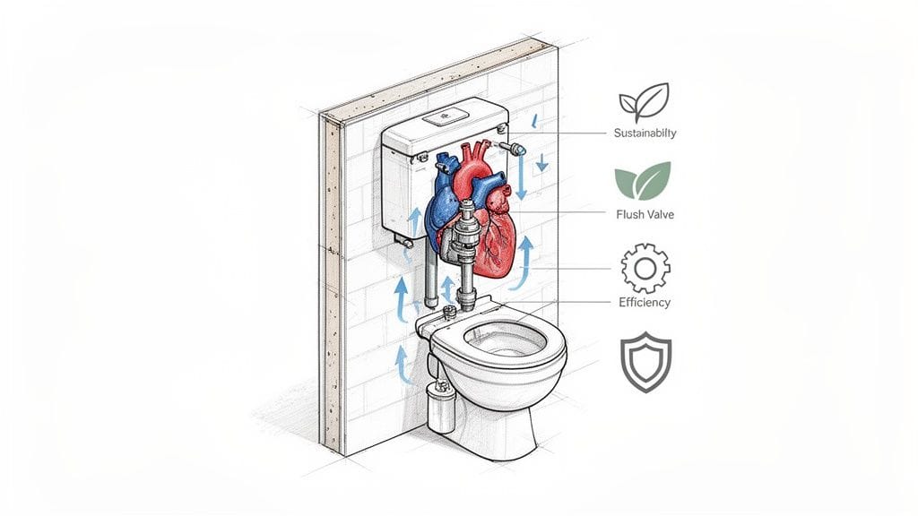 Diseño esquemático de un váter con corazón humano, mostrando sostenibilidad, eficiencia y válvula de descarga.
