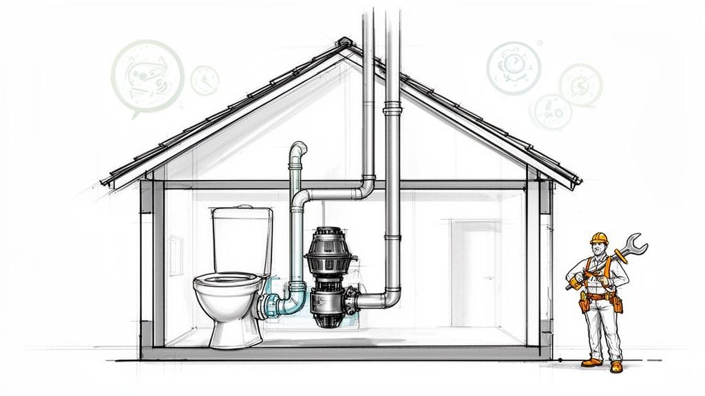 Ilustración de corte transversal de casa con inodoro triturador, tuberías de fontanería y un fontanero.