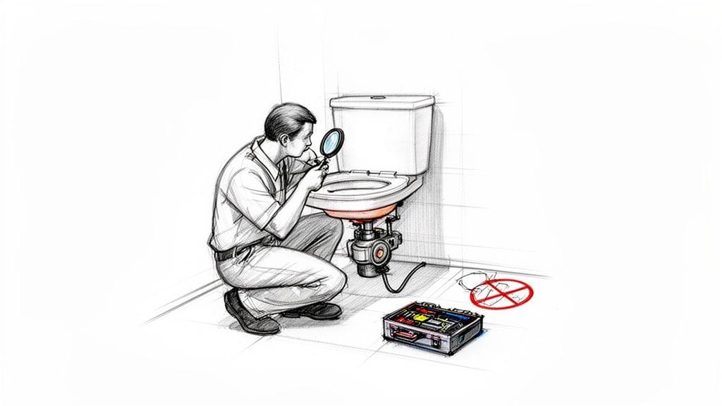 Hombre plomero inspecciona un inodoro con triturador usando una lupa, con caja de herramientas.