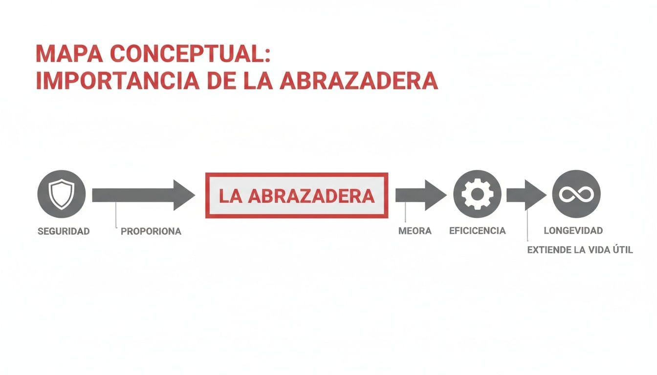 Mapa conceptual que ilustra la importancia de la abrazadera, destacando seguridad, eficiencia y longevidad.
