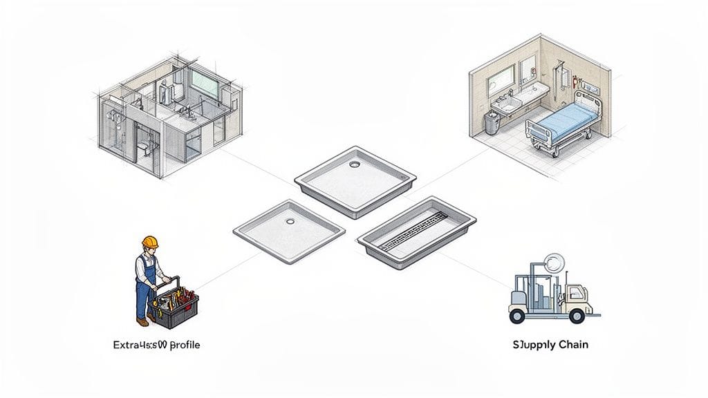 Ilustración de varios platos de ducha y sus aplicaciones en baños modulares y hospitalarios, con instalación y logística.