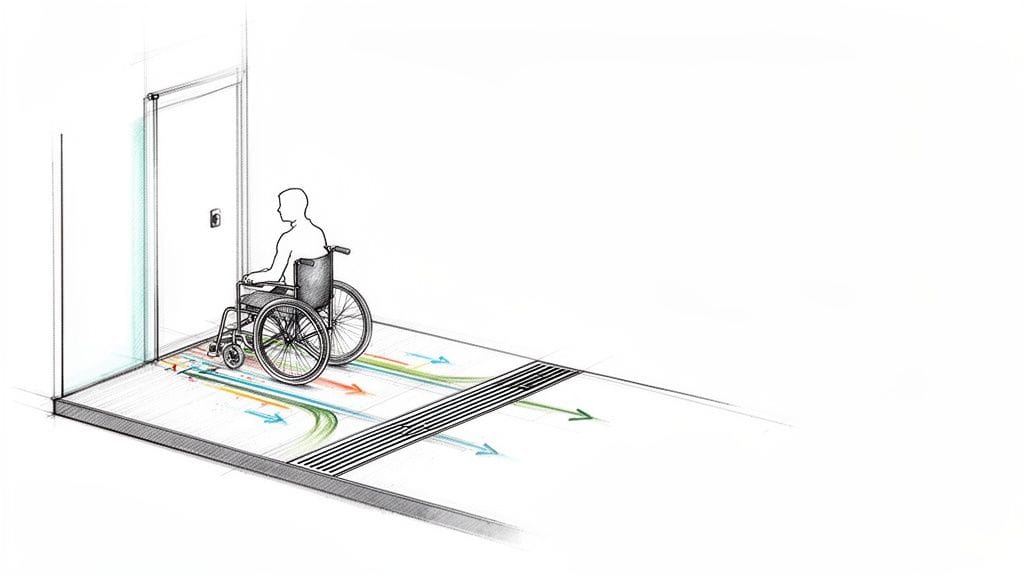 Persona en silla de ruedas en ducha accesible, con flechas de flujo de agua hacia un desagüe lineal.