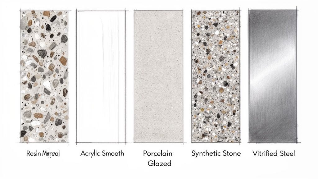 Cinco muestras de materiales para platos de ducha: resina, acrílico, porcelana, piedra sintética y acero.