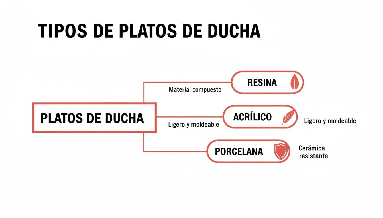Diagrama que muestra los tipos de platos de ducha: resina, acrílico y porcelana, con sus características.