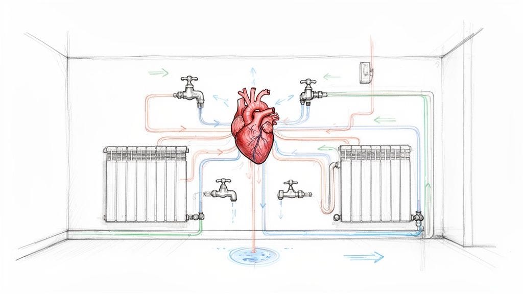 Diagrama de un corazón humano conectado a un sistema de fontanería con tuberías, grifos y radiadores.