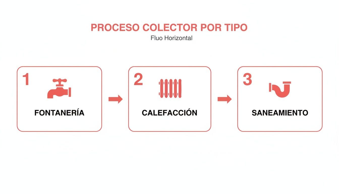 Diagrama de flujo horizontal para procesos de colector de agua: fontanería, calefacción y saneamiento.