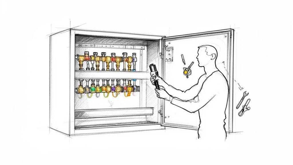 Un técnico instala o repara un colector de agua con válvulas de colores en un gabinete.