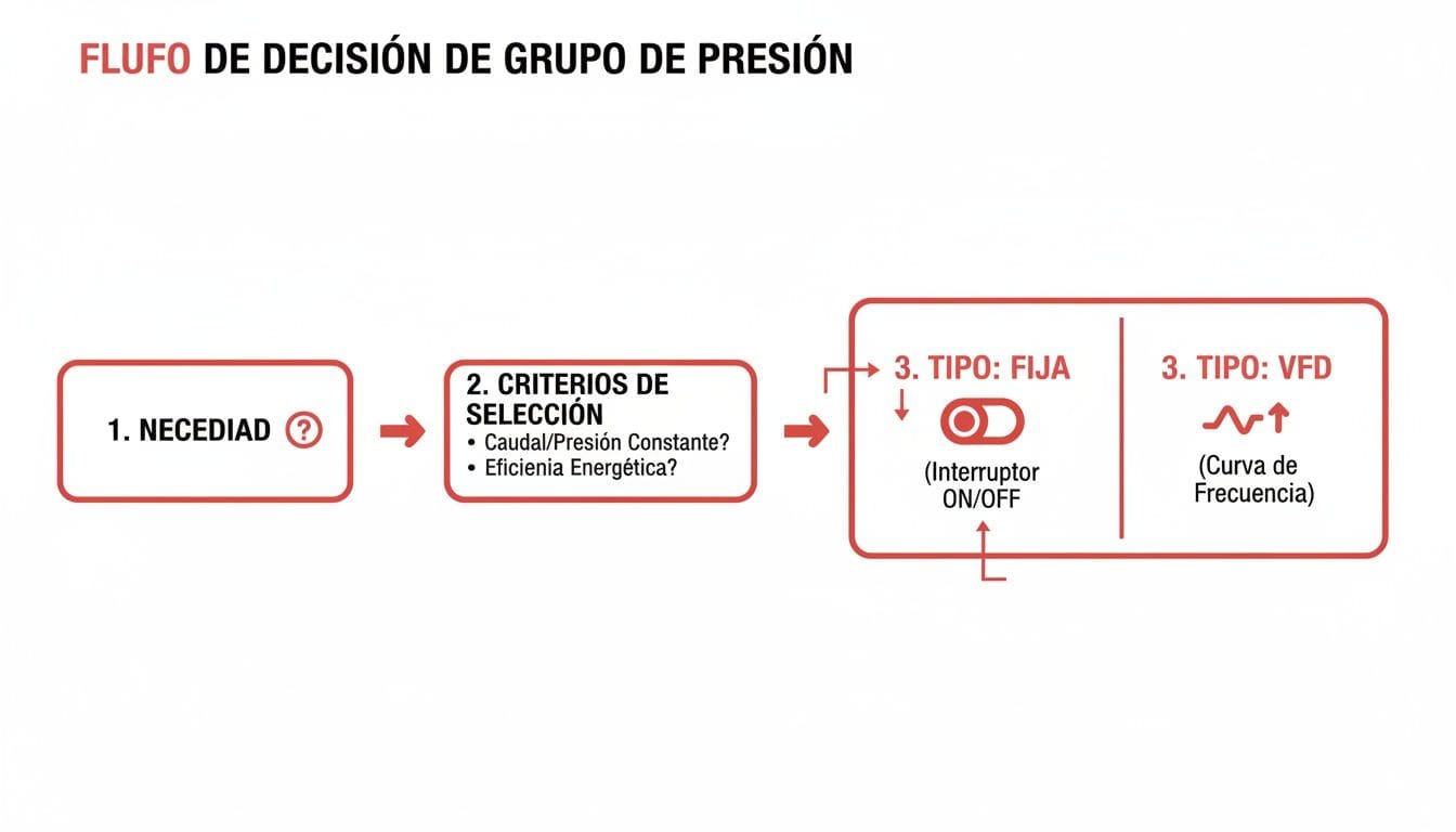 Diagrama de flujo para seleccionar un grupo de presión, considerando necesidad, criterios y tipo (fijo o VFD).