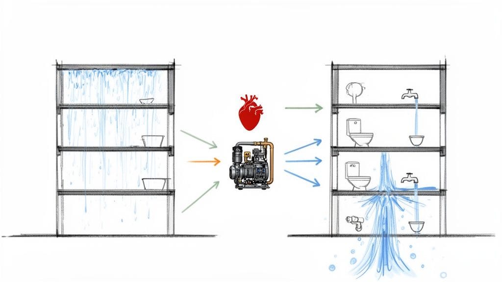 Ilustración de un sistema de grupos de presión de agua: recolección, bombeo central y distribución en edificios.