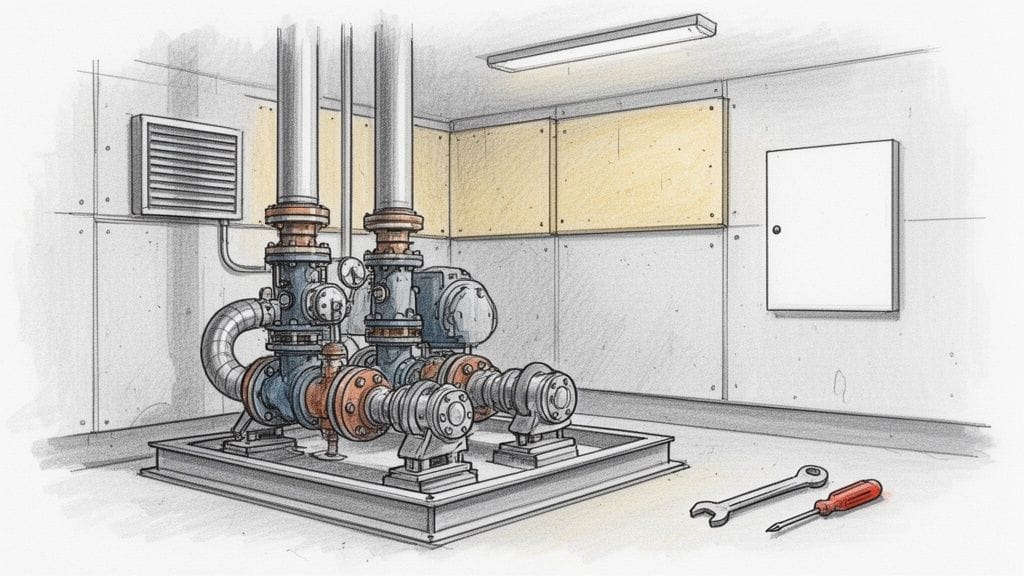 Un dibujo técnico de un sistema de grupos de presión de agua en una sala de servicios con tuberías, bombas y herramientas.