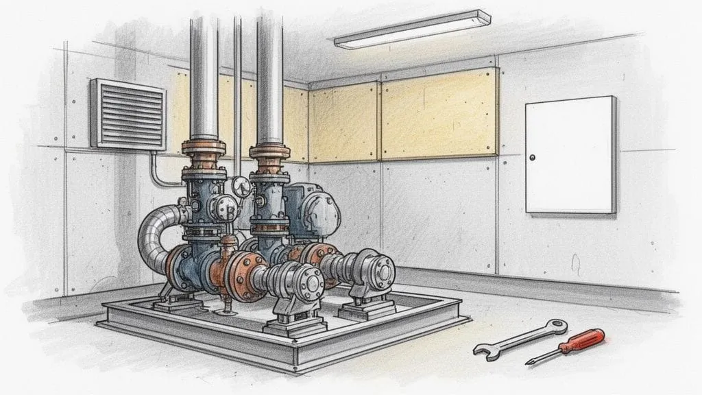 Un dibujo técnico de un sistema de grupos de presión de agua en una sala de servicios con tuberías, bombas y herramientas.