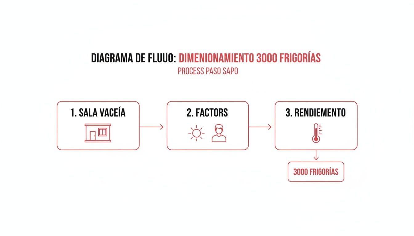 Diagrama de flujo: dimensionamiento de 3000 frigorías, mostrando sala vacía, factores y rendimiento.