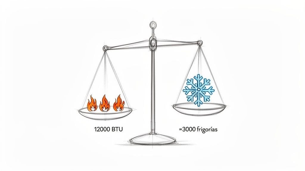 Balancín mostrando la equival equivalencia entre 12000 BTU (calor) y 3000 frigorías (frío).