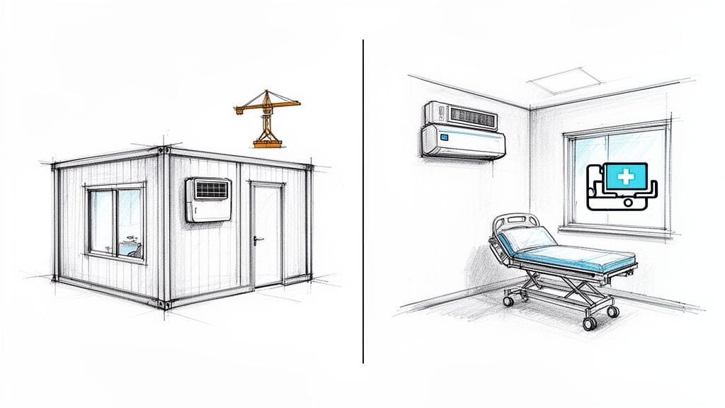 Dos escenas: un módulo de construcción con grúa y una habitación de hospital con cama y aire acondicionado.