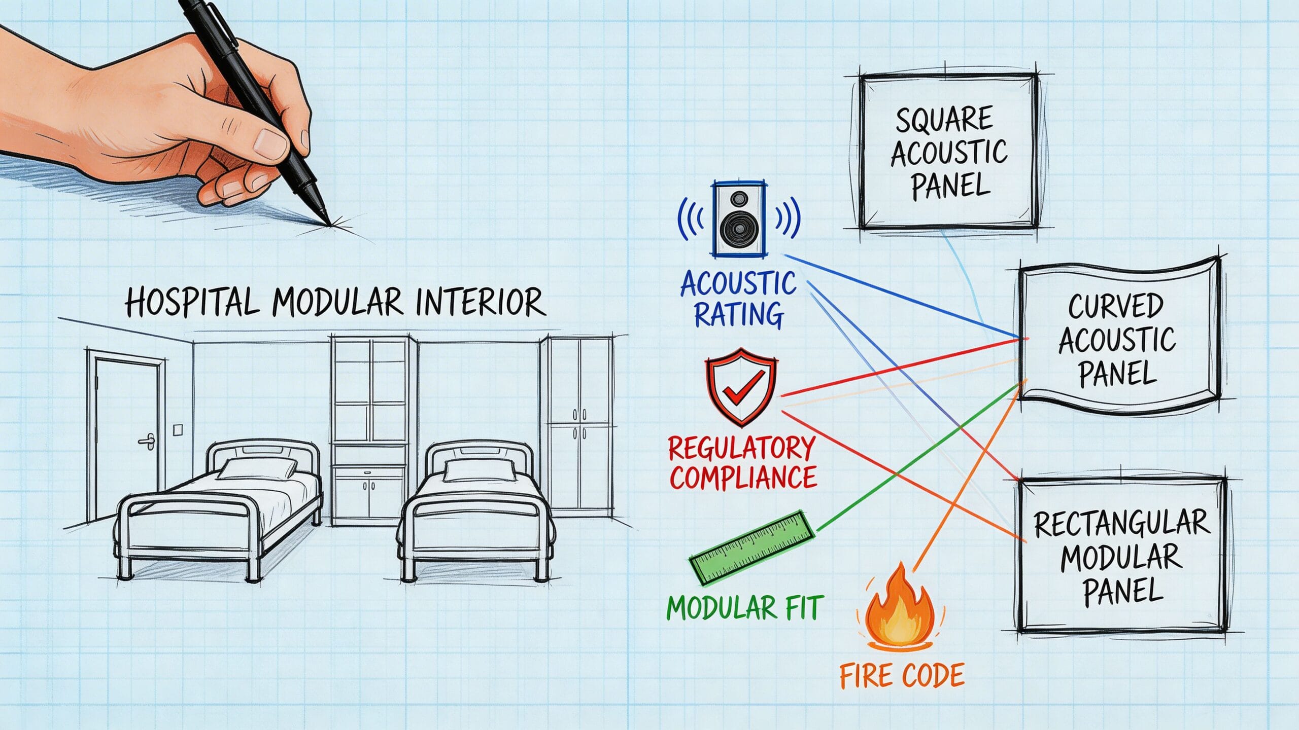 Diagrama de diseño interior modular para hospitales que muestra paneles acústicos y sus especificaciones técnicas de cumplimiento.
