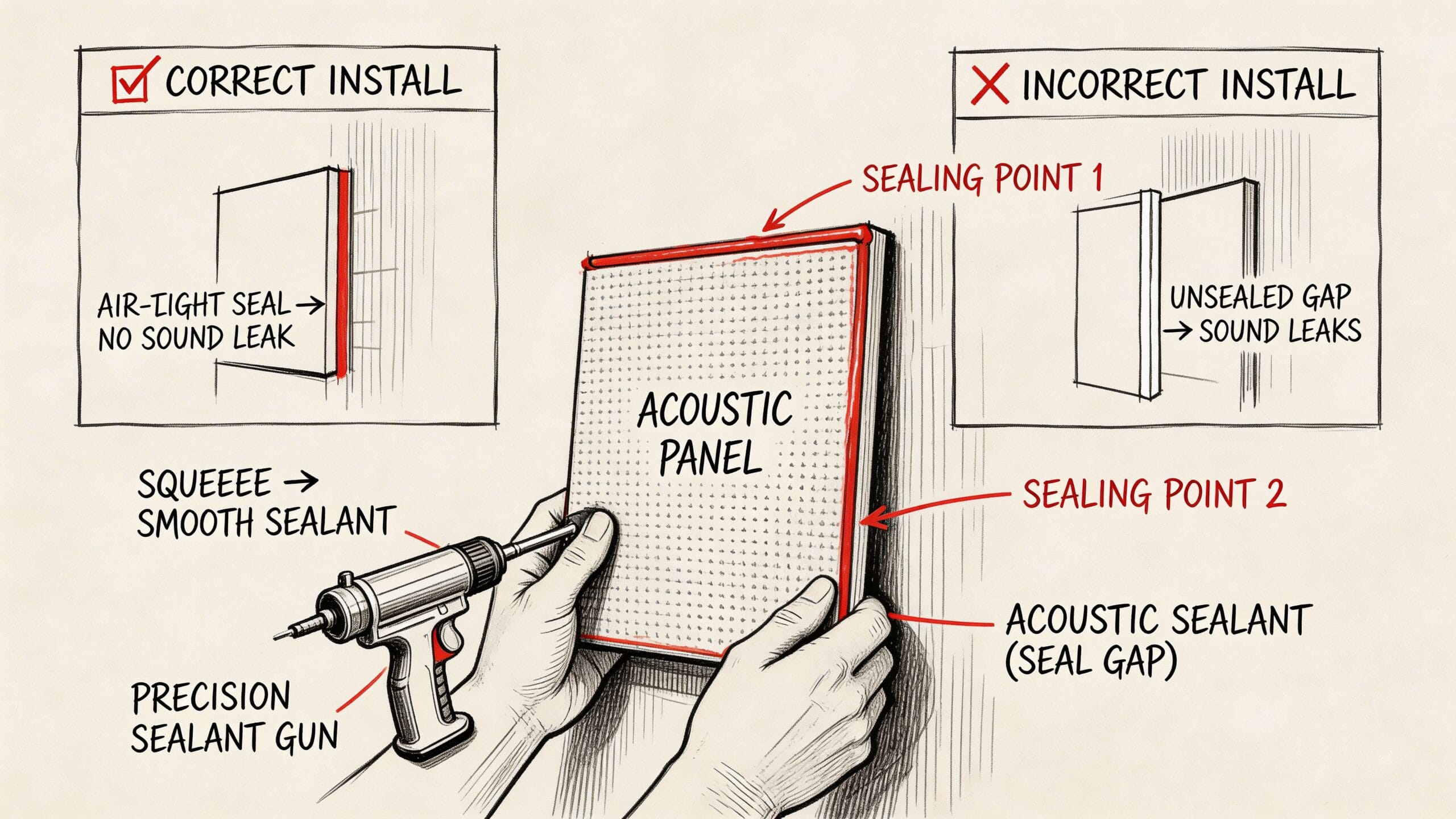 Instrucciones ilustradas sobre cómo sellar correctamente un panel acústico para evitar fugas de sonido en la pared.