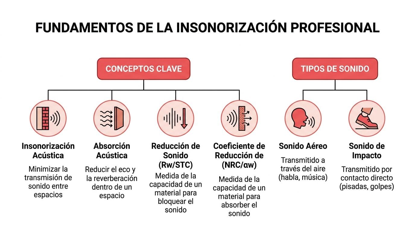Diagrama educativo sobre fundamentos de la insonorización profesional, conceptos clave de acústica y tipos de sonidos.