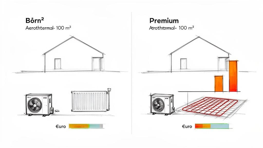 Comparación de sistemas de aerotermia para casa de 100m²: uno con radiadores y otro con suelo radiante, mostrando equipos y costes.