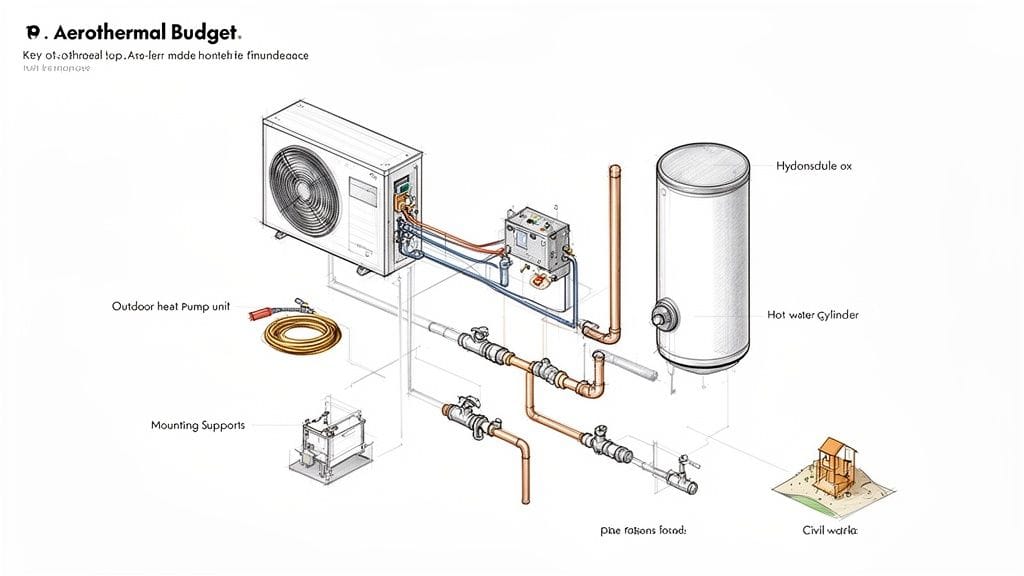 Diagrama isométrico de un sistema de bomba de calor aerotérmica mostrando la unidad exterior, el cilindro de agua caliente, tuberías y soportes.