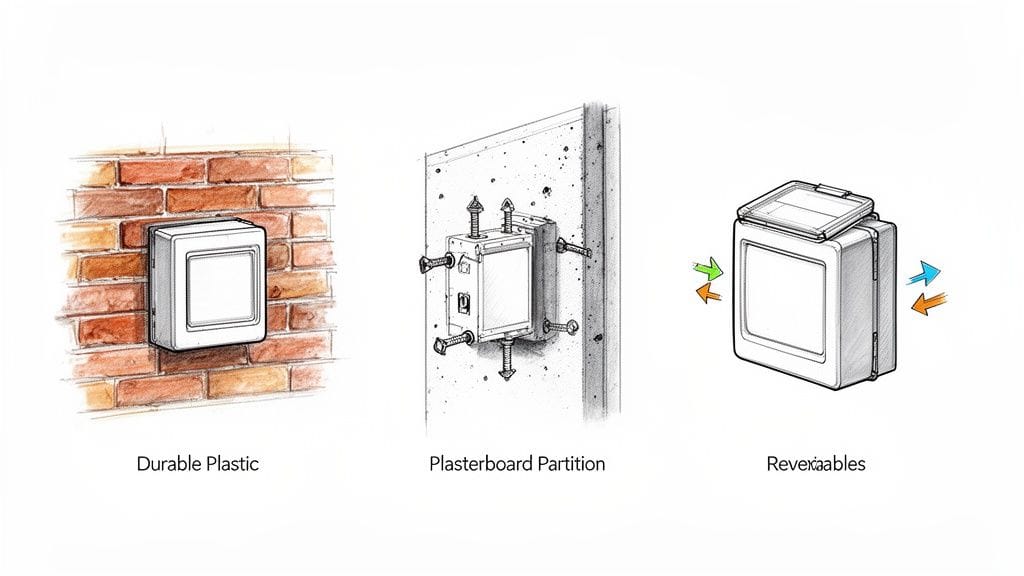 Tres ilustraciones de cajas de preinstalación para aire acondicionado: en pared de ladrillo, en tabique de pladur y con tapa removible.