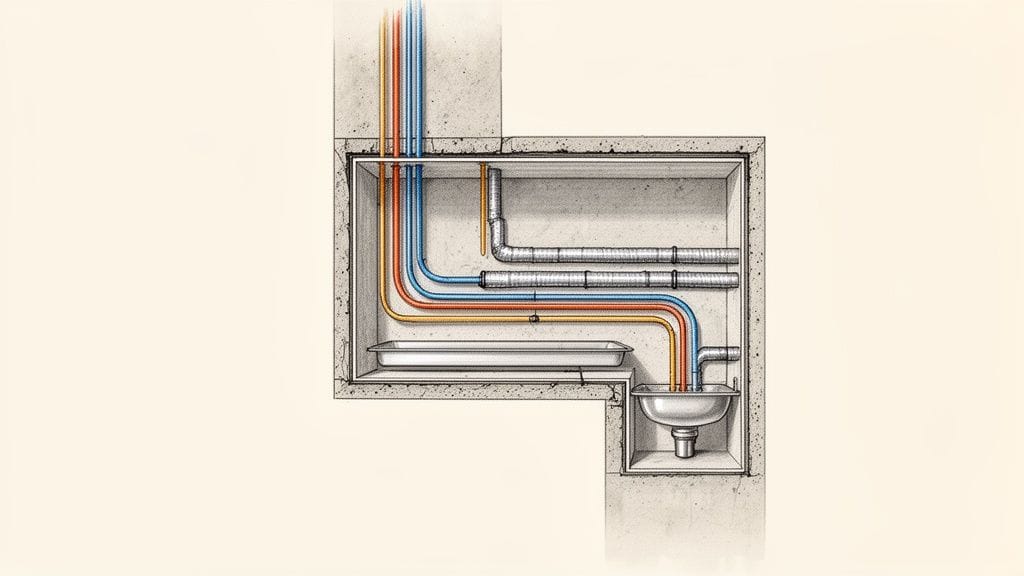 Diagrama de sección de tuberías ocultas en pared, incluyendo líneas de agua, drenajes y un lavabo.