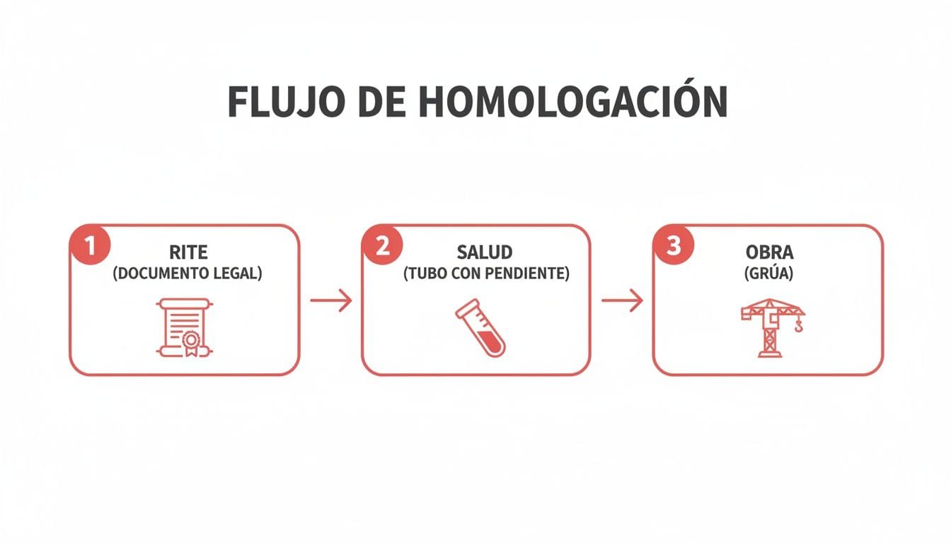 Flujograma de homologación con tres pasos clave: RITE (documento legal), Salud (tubo con pendiente) y Obra (grúa).
