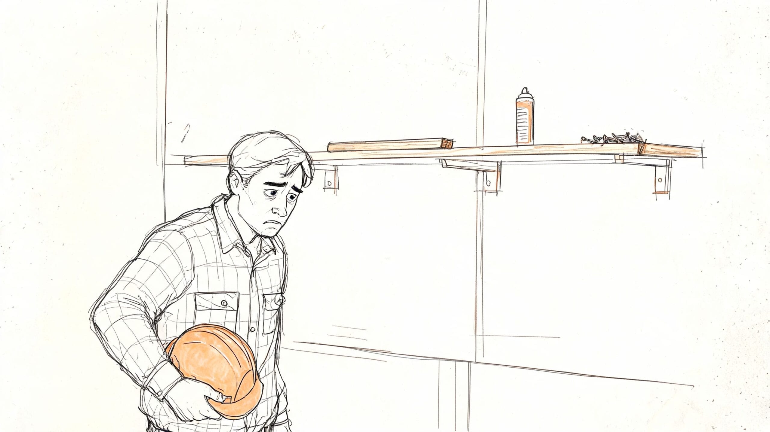 Hombre constructor con casco naranja mirando estantes vacíos en una tienda de materiales de construcción.