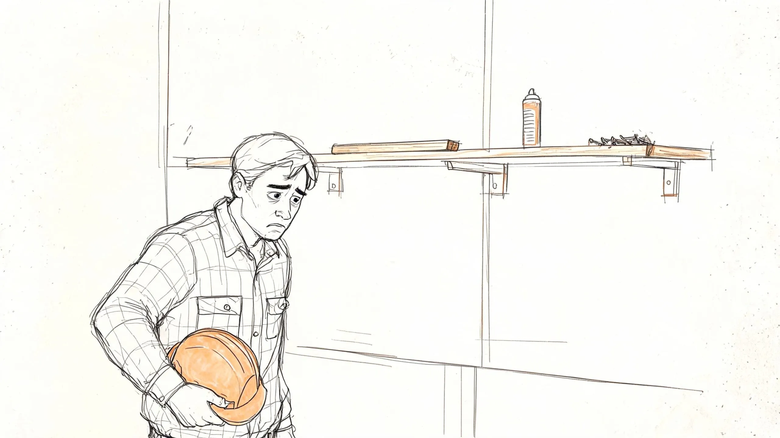 Hombre constructor con casco naranja mirando estantes vacíos en una tienda de materiales de construcción.