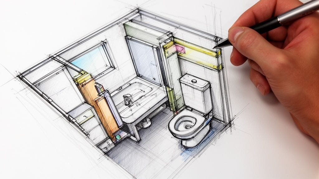 Un dibujo técnico de un baño pequeño con inodoro, lavabo y detalles de estructura de pared.