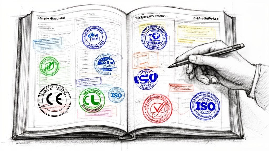 Libro abierto con sellos de certificación y calidad mientras una mano dibuja sobre las páginas del cuaderno.