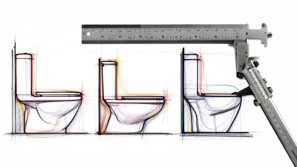 Bocetos técnicos de inodoros compactos con herramientas de medición para diseño de baños modernos.