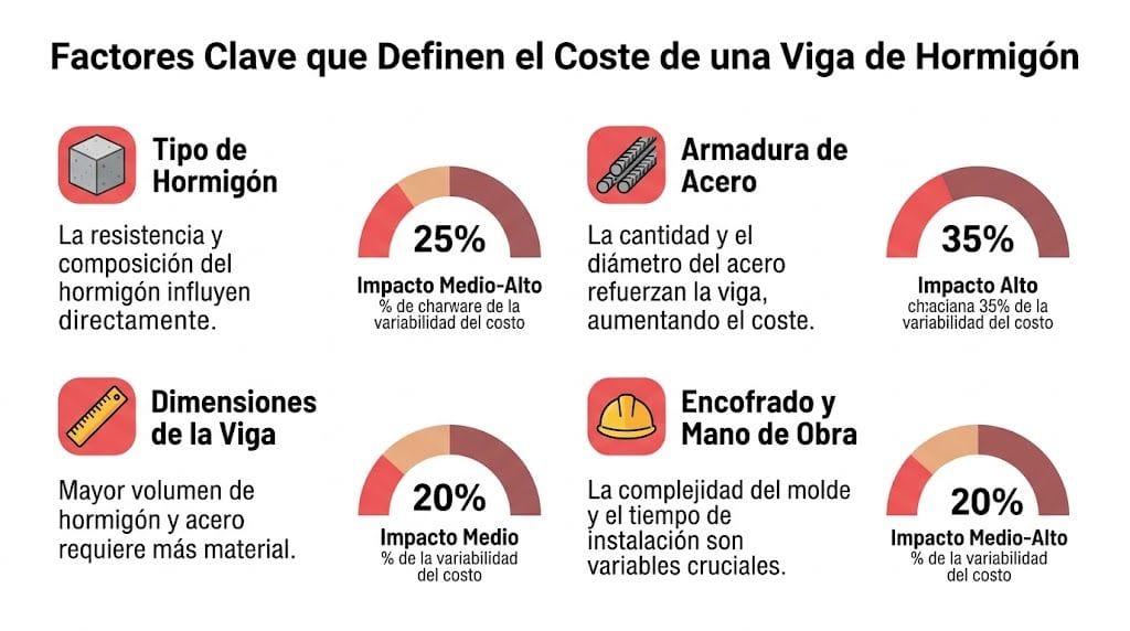 Infografía sobre los factores clave que influyen en el coste de construcción de una viga de hormigón.