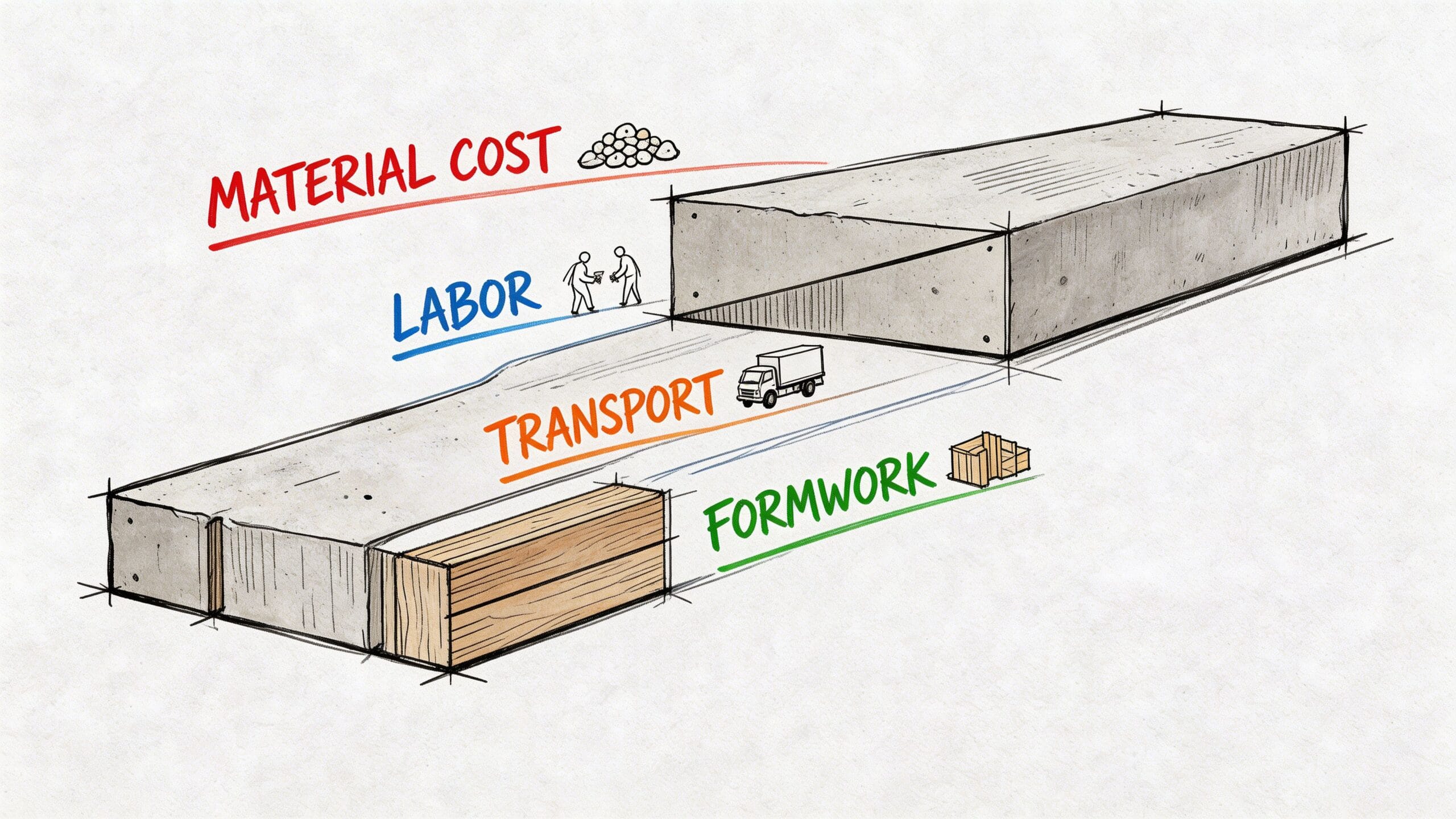 Diagrama que ilustra los componentes de costos en la construcción de una viga de hormigón armado.