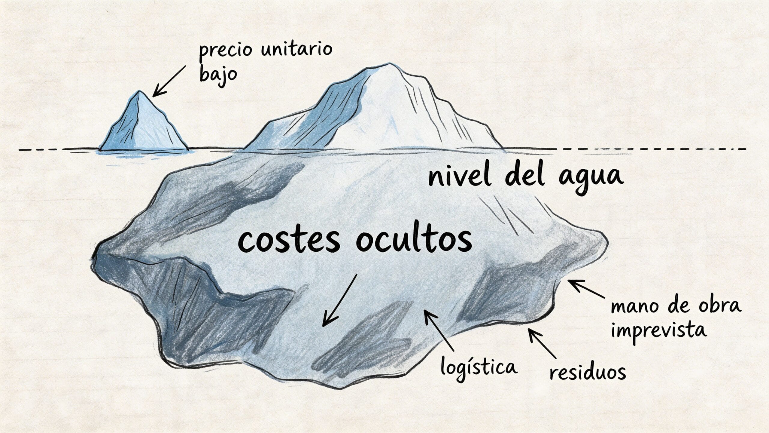 Ilustración de un iceberg representando los costes ocultos detrás de un bajo precio unitario de construcción.