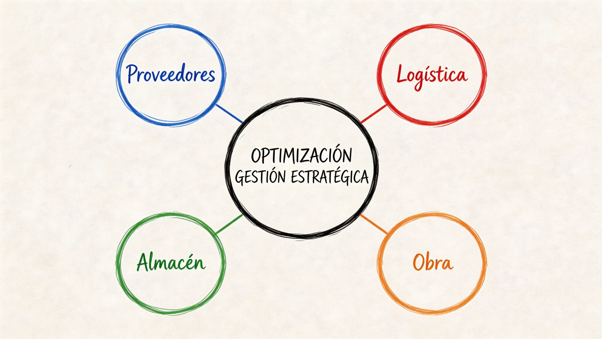 Diagrama de gestión estratégica que conecta proveedores, logística, almacén y obra para la optimización de procesos.